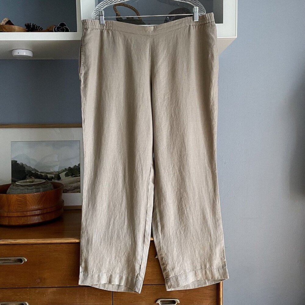 SOLD Linen Stretch Pull On Elastic Flat Front Pants Porcini Khaki